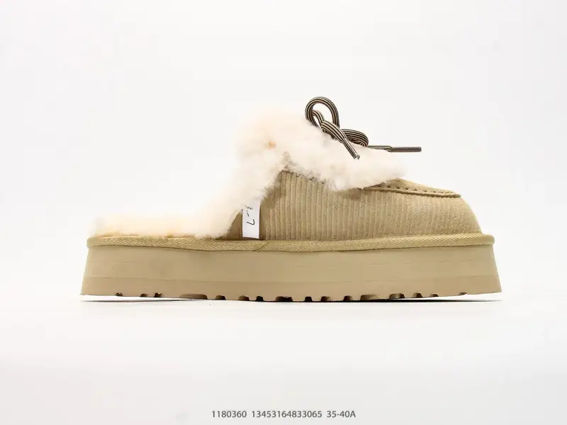 UGG W DISQUETTE HERITAGE厚底复古毛绒拖鞋 皮毛一体 鞋头区域带有类似灯芯绒的竖条纹理印花麂皮 搭配 1180360 #13453164833065